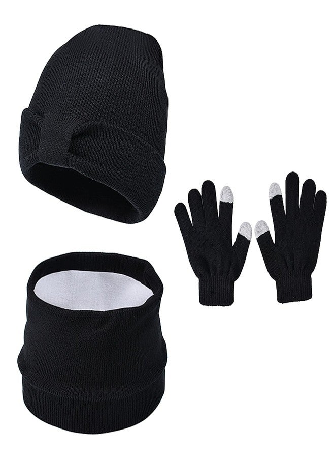 Jerucars Kids Winter Bow Beanie Hat Scarf Touch Screen Glove Set for Boys Girls 3-8 Years Black - Image 1