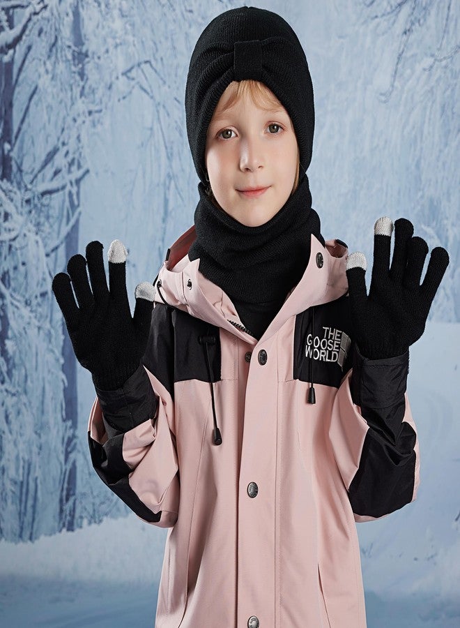 Jerucars Kids Winter Bow Beanie Hat Scarf Touch Screen Glove Set for Boys Girls 3-8 Years Black - Image 2