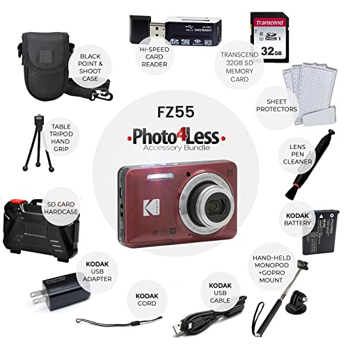 Photo4Less كاميرا كوداك PIXPRO FZ55 الرقمية (أحمر) + بطاقة ذاكرة 32 جيجابايت + حقيبة كاميرا نقطة وتصوير + monopod قابل للتمديد + قلم تنظيف العدسة + واقيات شاشة LCD + حامل ثلاثي القوائم على الطاولة حزمة شاملة - Image 2