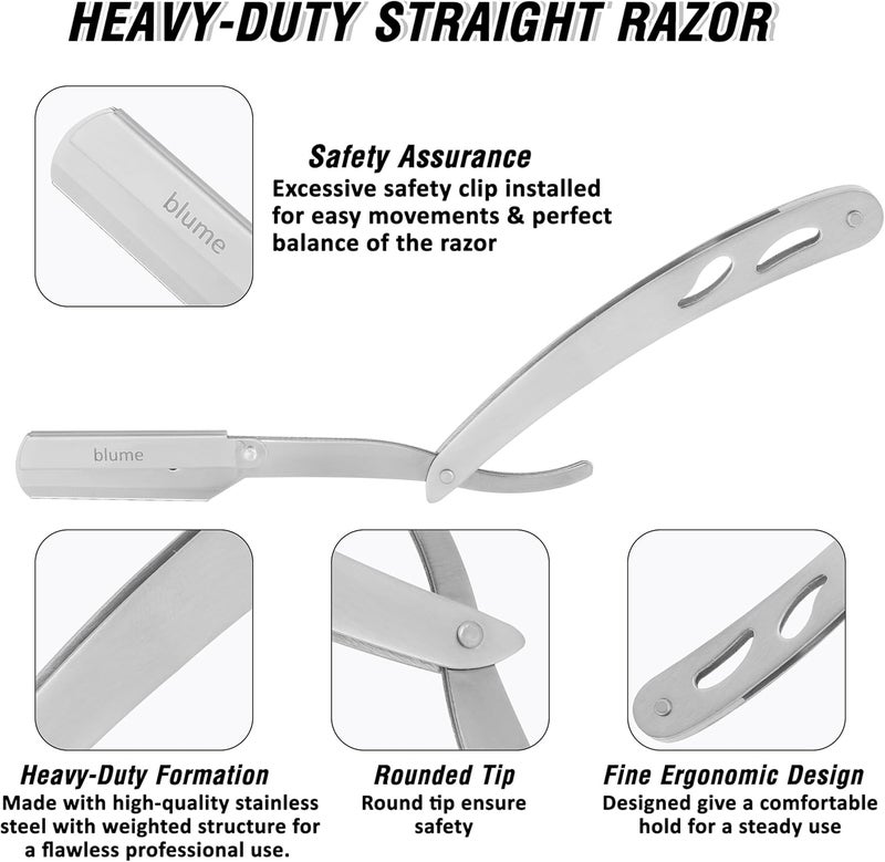 blume Straight Edge Razor for Men Shaving and Professional Barbers – Matte Black Light Weight Single Blade Razor - Moustache & Beard Shaving - Japanese Stainless Steel (Silver) - Image 4