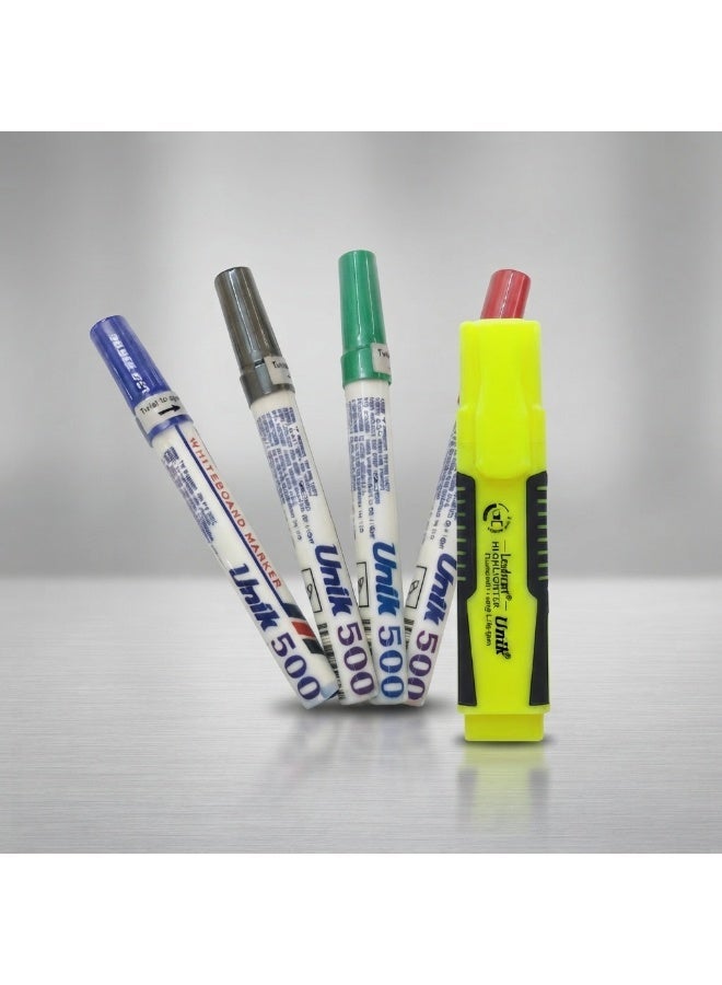 UNIK 4-piece whiteboard marker set in red, blue, black, and green + a free highlighter pen - Image 1