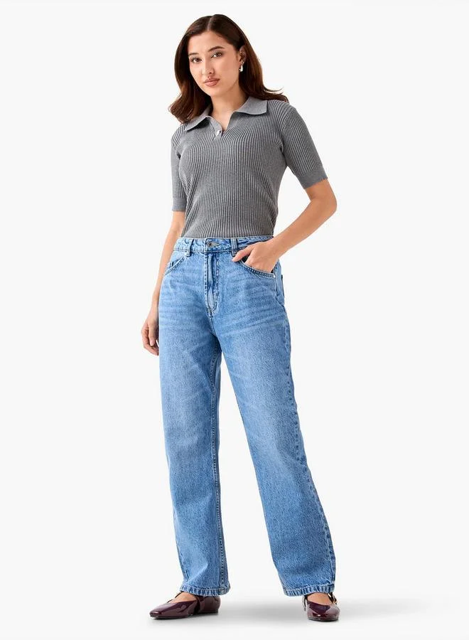 Lee Cooper Lee Cooper Straight Fit High-Rise Cotton Jeans with Pockets