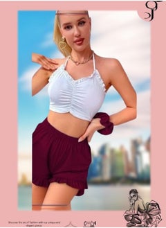 ماركة غير محددة طقم بيجامة قطعتين قطن ليكرا توب به كشكشة من الصدر و الحواف و بحمالات  اسباغيتى ,هوت شورت بنفس لون التوب من براند ورد 