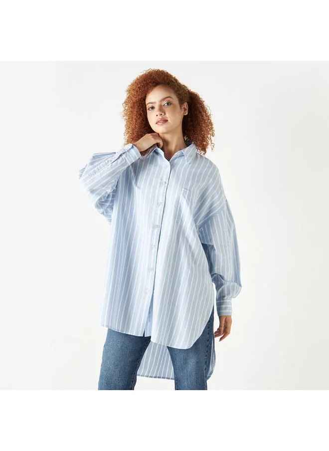 Lee Cooper Lee Cooper Striped Longline Denim Shirt with Long Sleeves