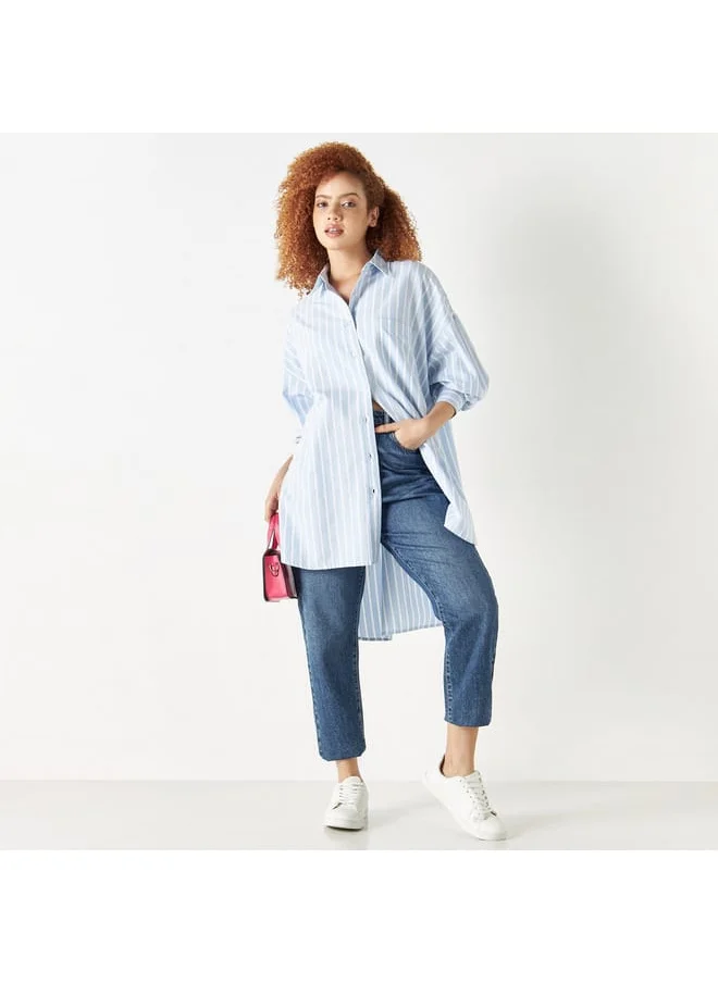 Lee Cooper Lee Cooper Striped Longline Denim Shirt with Long Sleeves