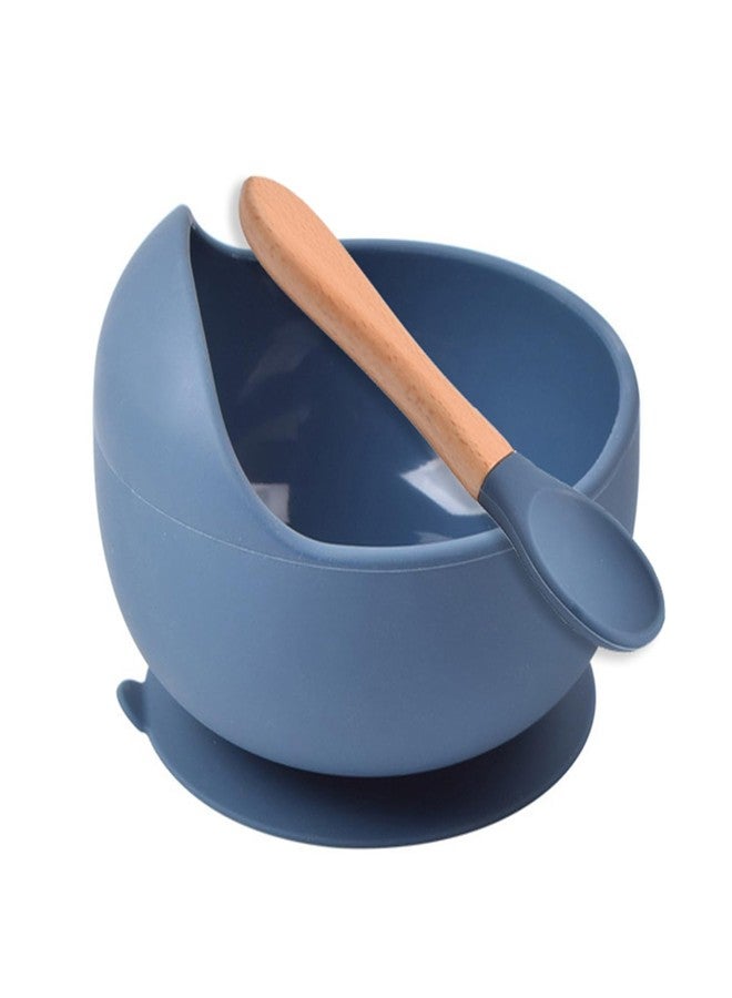HEXONIQ® Baby Feeding Bowl & Spoon Weaning Set, Food Grade Silicone Suction Cup Bowl & Wooden Spoon with Stay Put Silicone Suction Bowl, Gift for Toddler Children Girls Boys (Dark Blue) - Image 1