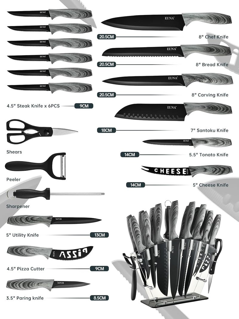 EUNA Knife Block Set, 19 PCS Kitchen Knife Set with Acrylic Block and Sharpener, German High-Carbon Stainless Steel Knife Sets with 6 Serrated Steak Knives, Bread Knife, Chef Knife, Dishwasher Safe - Image 2
