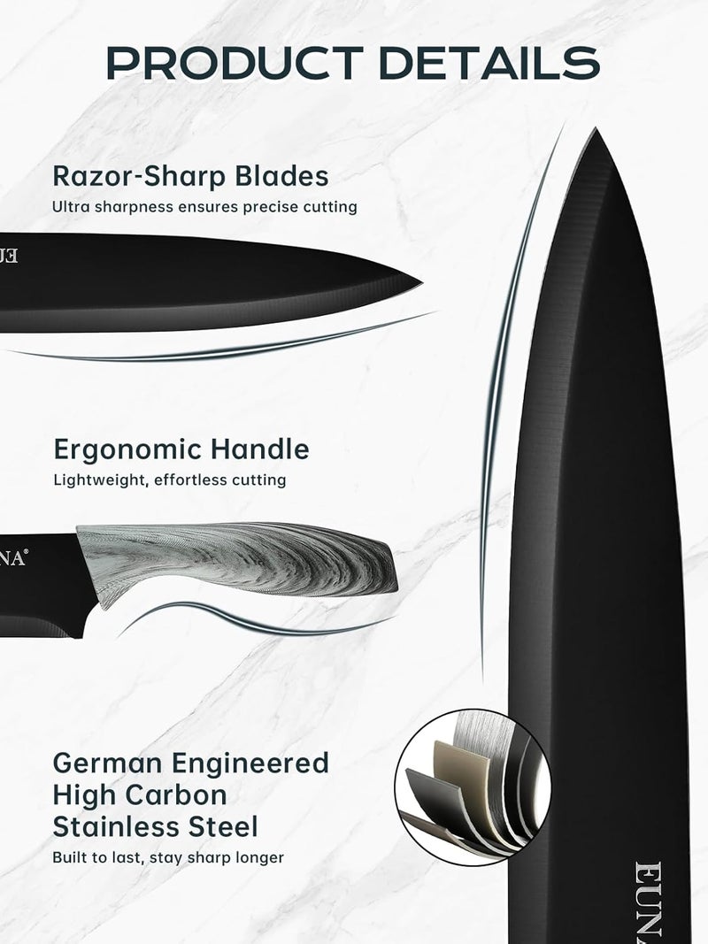 EUNA Knife Block Set, 19 PCS Kitchen Knife Set with Acrylic Block and Sharpener, German High-Carbon Stainless Steel Knife Sets with 6 Serrated Steak Knives, Bread Knife, Chef Knife, Dishwasher Safe - Image 3