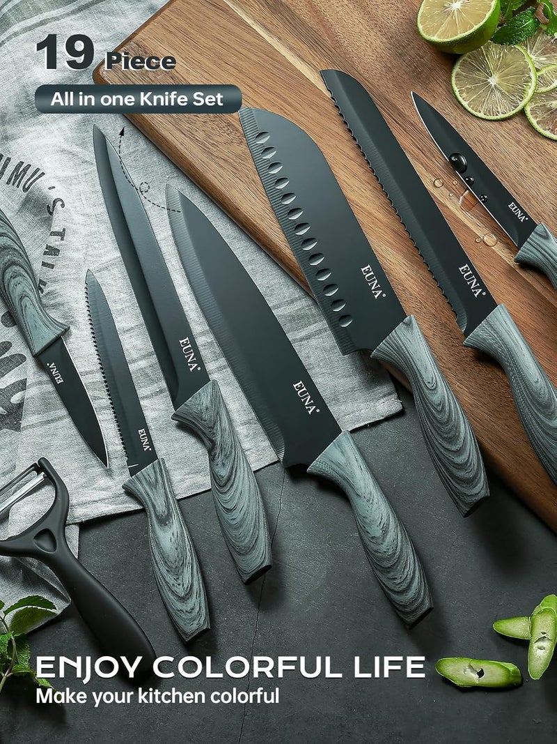 EUNA Knife Block Set, 19 PCS Kitchen Knife Set with Acrylic Block and Sharpener, German High-Carbon Stainless Steel Knife Sets with 6 Serrated Steak Knives, Bread Knife, Chef Knife, Dishwasher Safe - Image 5