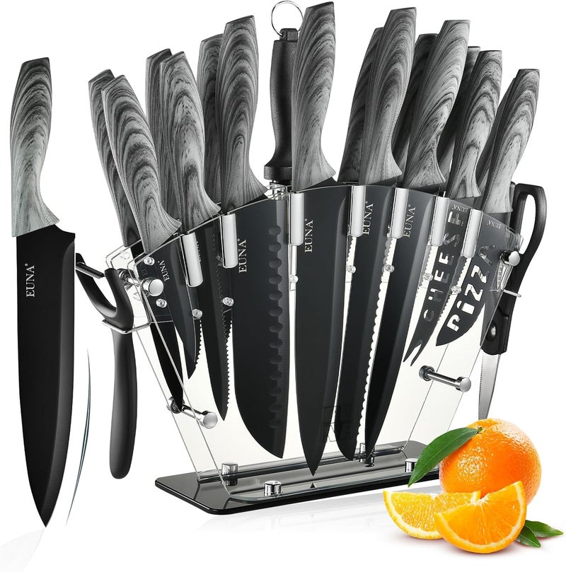 EUNA Knife Block Set, 19 PCS Kitchen Knife Set with Acrylic Block and Sharpener, German High-Carbon Stainless Steel Knife Sets with 6 Serrated Steak Knives, Bread Knife, Chef Knife, Dishwasher Safe - Image 1