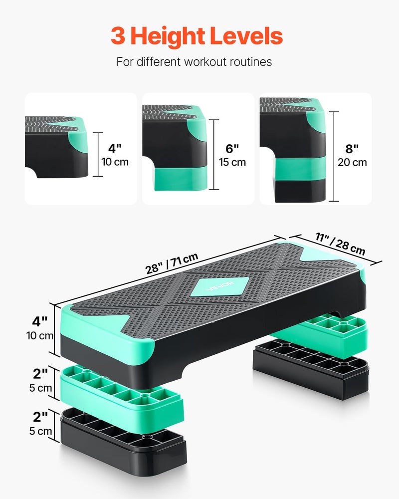 VEVOR Aerobic Exercise Step Platform, 28-Inch Workout Aerobic Stepper, Height Adjustable Fitness Training Step Deck Trainer with 4 Risers, Non-Slip Surface Bench for Home Gym Cardio Strength, Green - Image 4