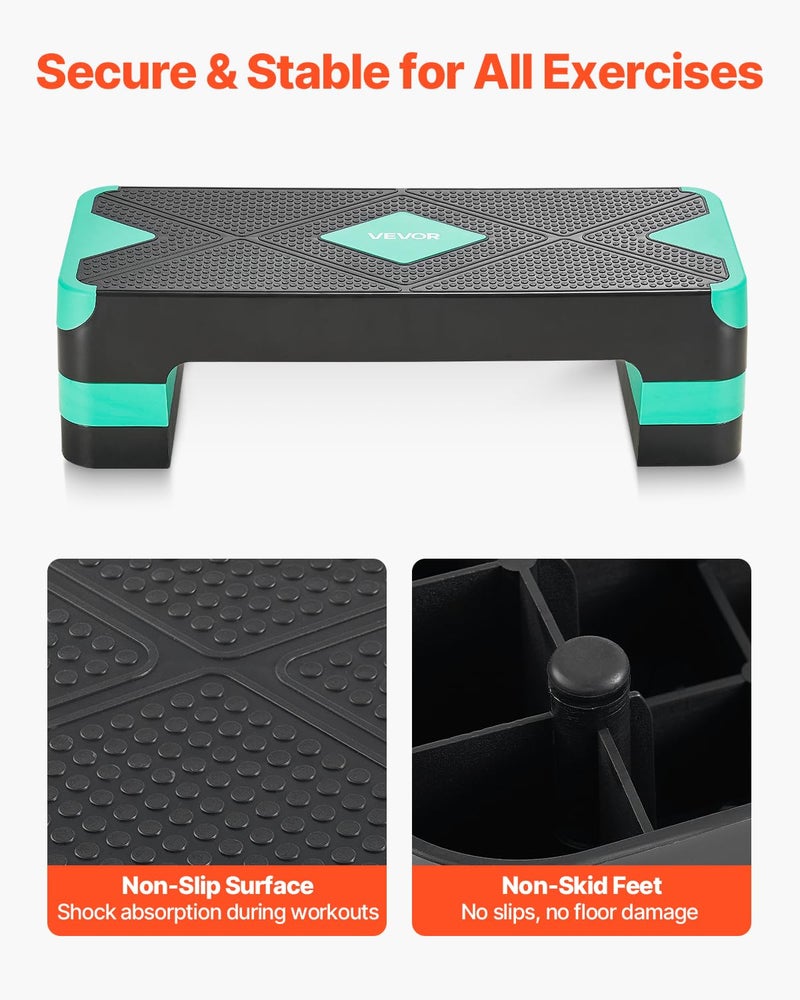 VEVOR Aerobic Exercise Step Platform, 28-Inch Workout Aerobic Stepper, Height Adjustable Fitness Training Step Deck Trainer with 4 Risers, Non-Slip Surface Bench for Home Gym Cardio Strength, Green - Image 3