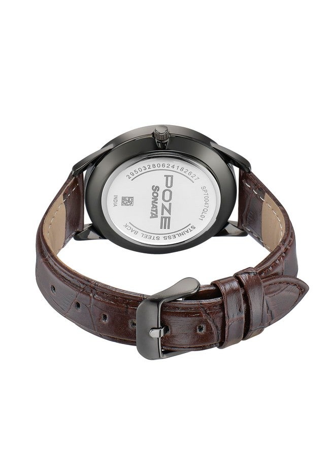 Sonata Poze Quartz Green Dial Brown Leather Strap for Men-SP70047QL01W - Image 5