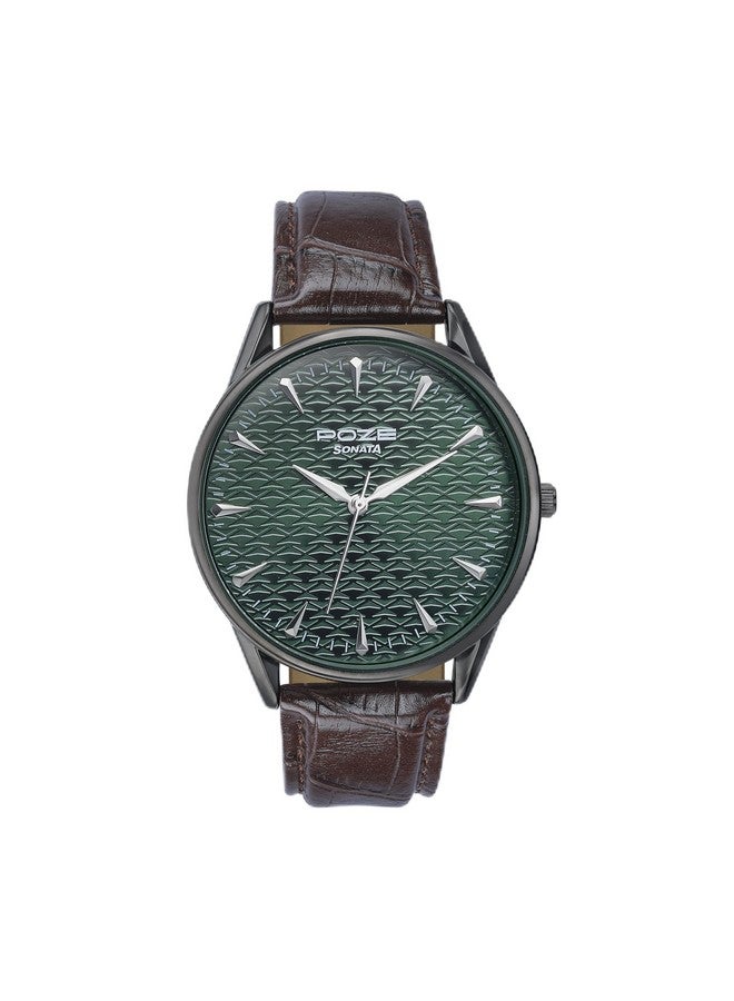 Sonata Poze Quartz Green Dial Brown Leather Strap for Men-SP70047QL01W - Image 1