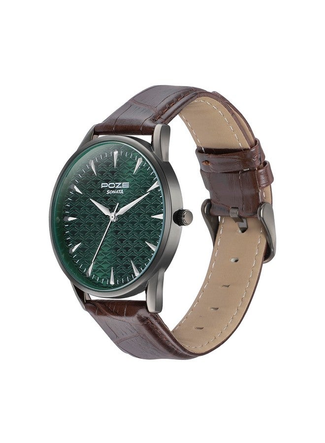 Sonata Poze Quartz Green Dial Brown Leather Strap for Men-SP70047QL01W - Image 3