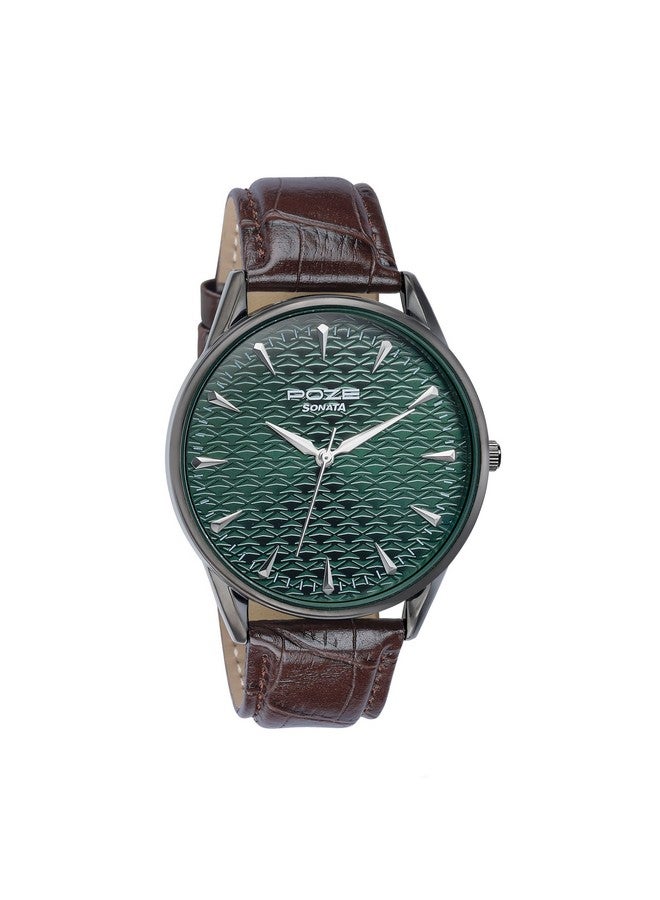 Sonata Poze Quartz Green Dial Brown Leather Strap for Men-SP70047QL01W - Image 2