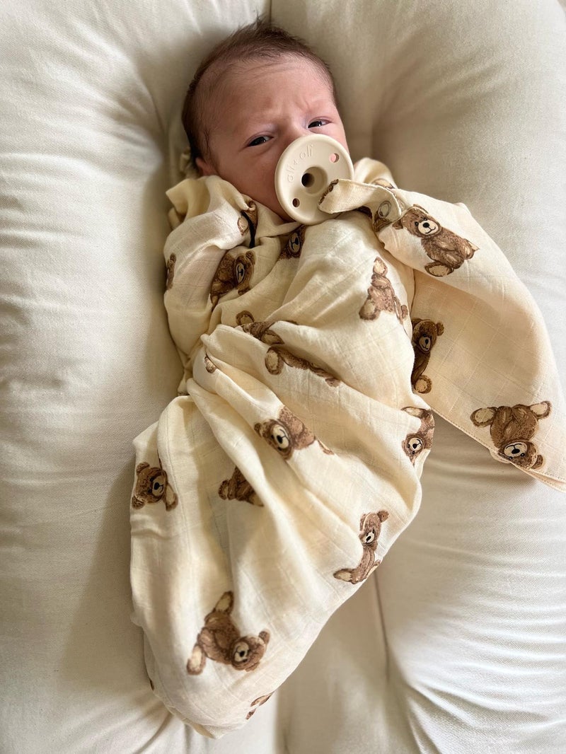Ali+Oli Muslin Swaddle Blanket for Baby (Teddy Bear) Large 47" x 47" Soft Rayon Made from Bamboo & Organic Cotton, Machine Washable Receiving Blanket Wrap for Newborn to Toddler - Image 4