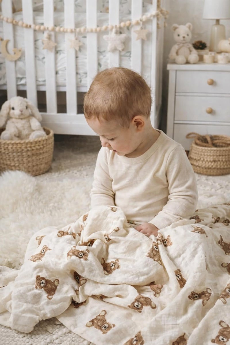 Ali+Oli Muslin Swaddle Blanket for Baby (Teddy Bear) Large 47" x 47" Soft Rayon Made from Bamboo & Organic Cotton, Machine Washable Receiving Blanket Wrap for Newborn to Toddler - Image 3