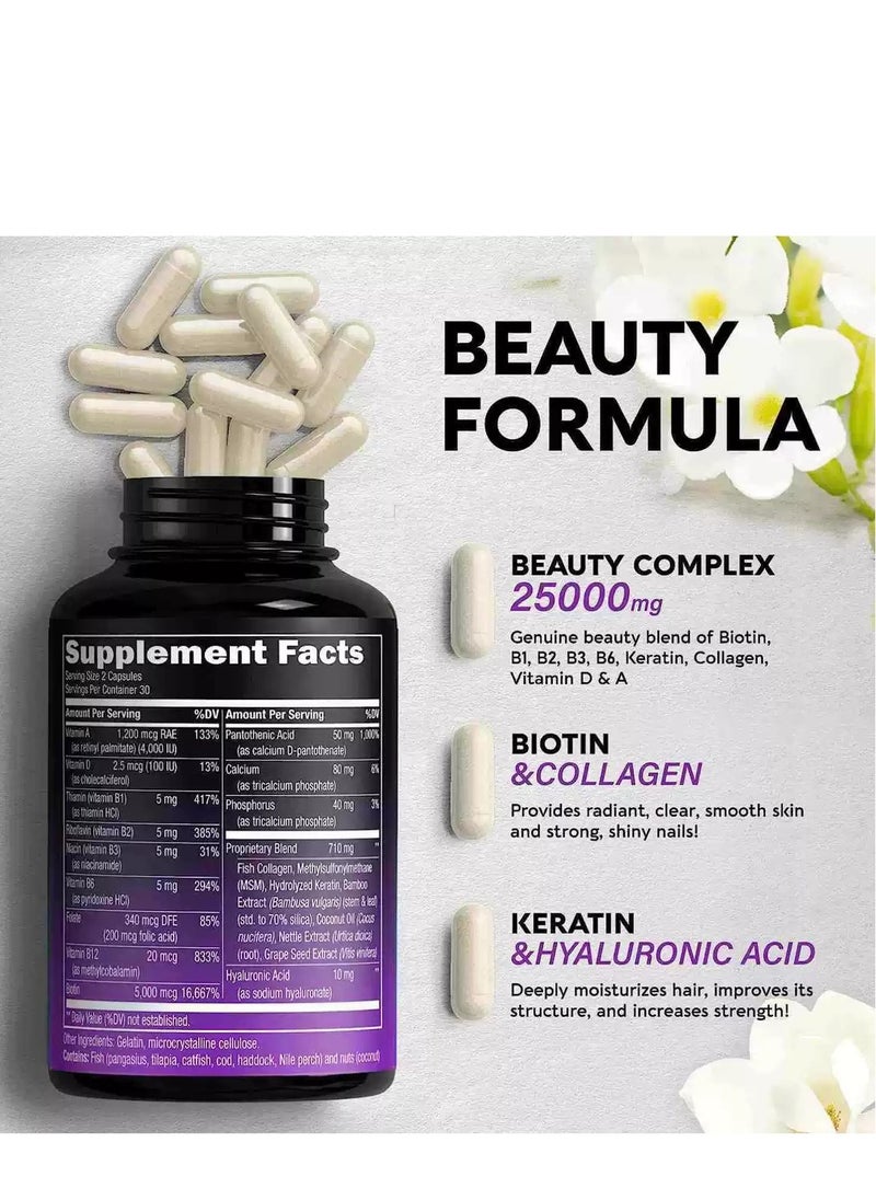 بيوتين 25000mcg Collagen Biotin Complex Capsules (60 capsules) 7-in-1 Powerful Formula - Hair Thickening / Skin Elasticity / Nail Strengthening | Contains Keratin + Hyaluronic Acid | Clinically Proven / Non-GMO / Gluten Free  - Image 5