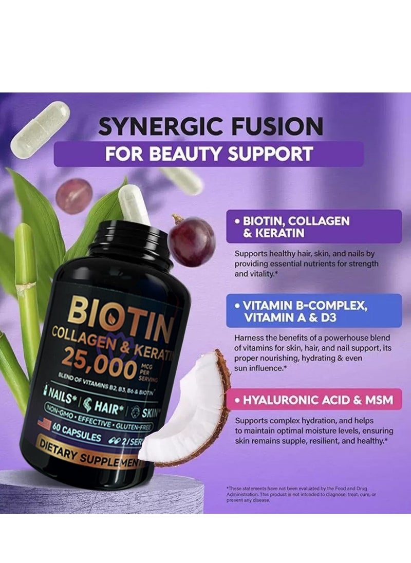 بيوتين 25000mcg Collagen Biotin Complex Capsules (60 capsules) 7-in-1 Powerful Formula - Hair Thickening / Skin Elasticity / Nail Strengthening | Contains Keratin + Hyaluronic Acid | Clinically Proven / Non-GMO / Gluten Free  - Image 3