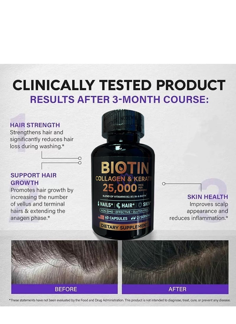 بيوتين 25000mcg Collagen Biotin Complex Capsules (60 capsules) 7-in-1 Powerful Formula - Hair Thickening / Skin Elasticity / Nail Strengthening | Contains Keratin + Hyaluronic Acid | Clinically Proven / Non-GMO / Gluten Free  - Image 4
