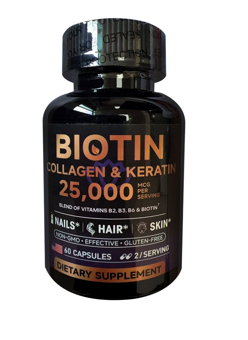 بيوتين 25000mcg Collagen Biotin Complex Capsules (60 capsules) 7-in-1 Powerful Formula - Hair Thickening / Skin Elasticity / Nail Strengthening | Contains Keratin + Hyaluronic Acid | Clinically Proven / Non-GMO / Gluten Free  - Image 1