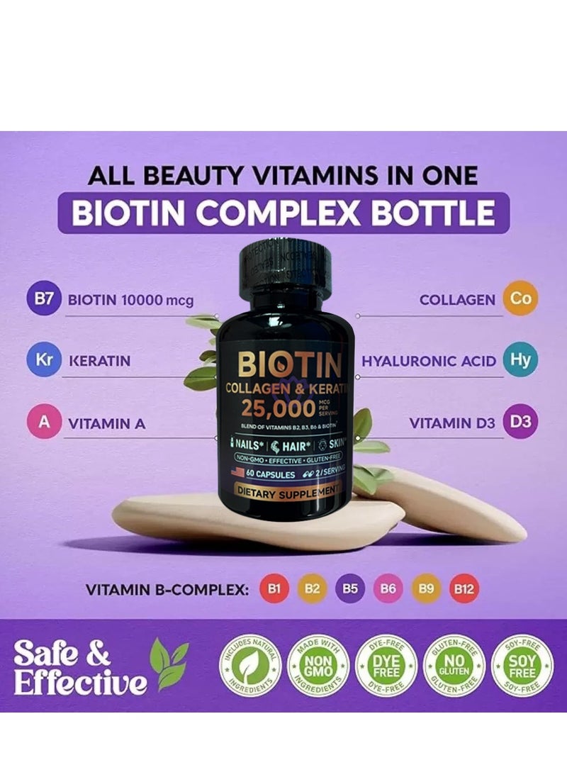 بيوتين 25000mcg Collagen Biotin Complex Capsules (60 capsules) 7-in-1 Powerful Formula - Hair Thickening / Skin Elasticity / Nail Strengthening | Contains Keratin + Hyaluronic Acid | Clinically Proven / Non-GMO / Gluten Free  - Image 2