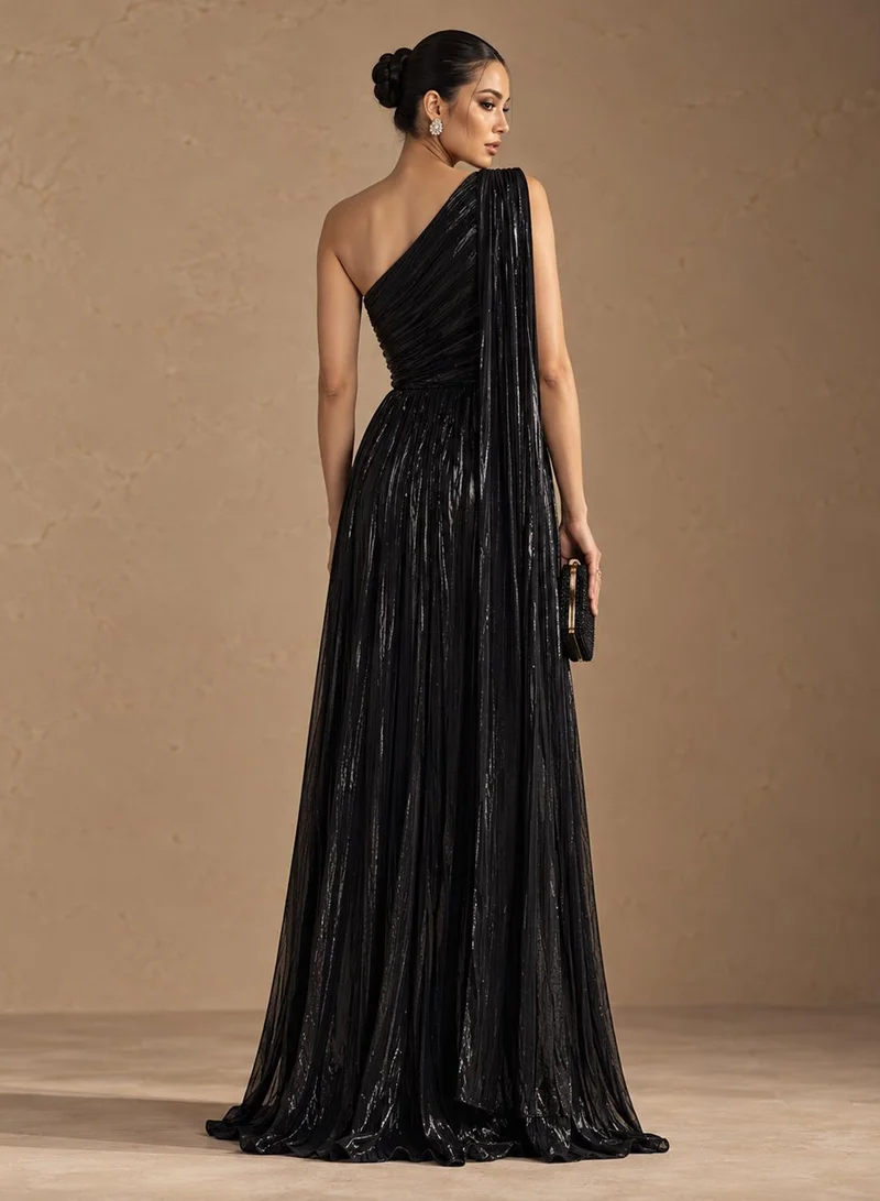 Ginger Boutique One Shoulder Pleated Metallic Dress