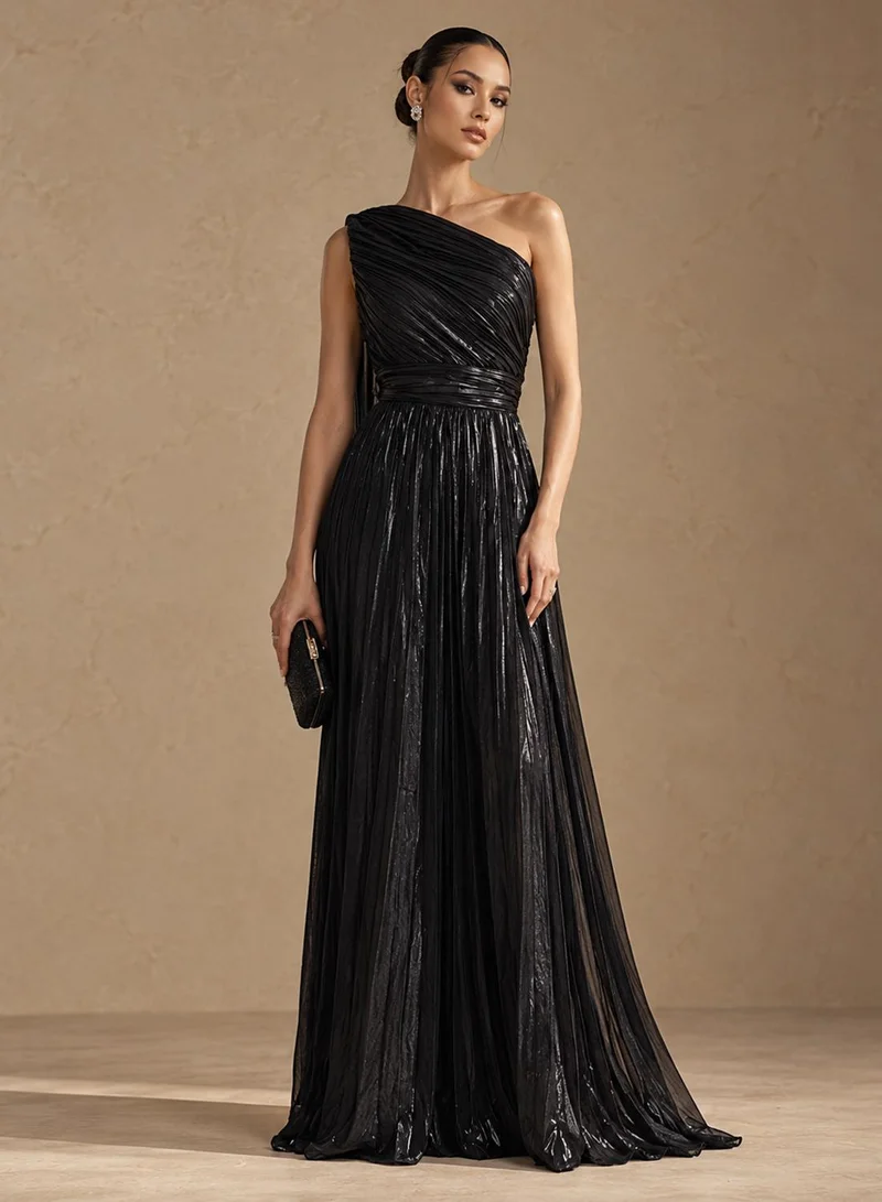 Ginger Boutique One Shoulder Pleated Metallic Dress