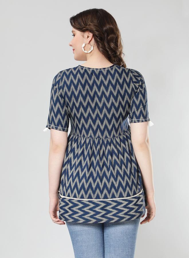 KASYA Blue Ikat Print Short Sleeve Peplum Top - Image 3