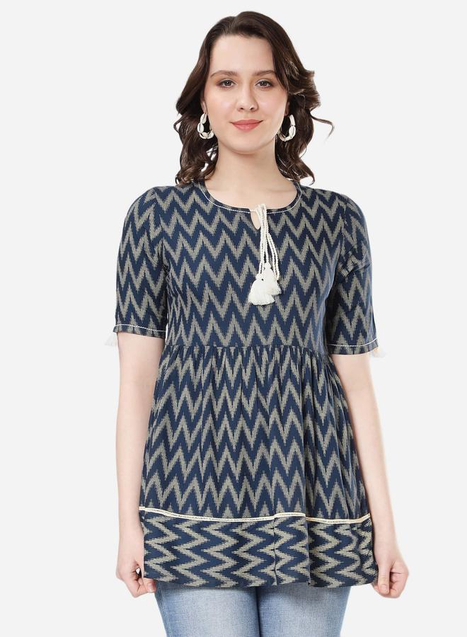 KASYA Blue Ikat Print Short Sleeve Peplum Top - Image 1