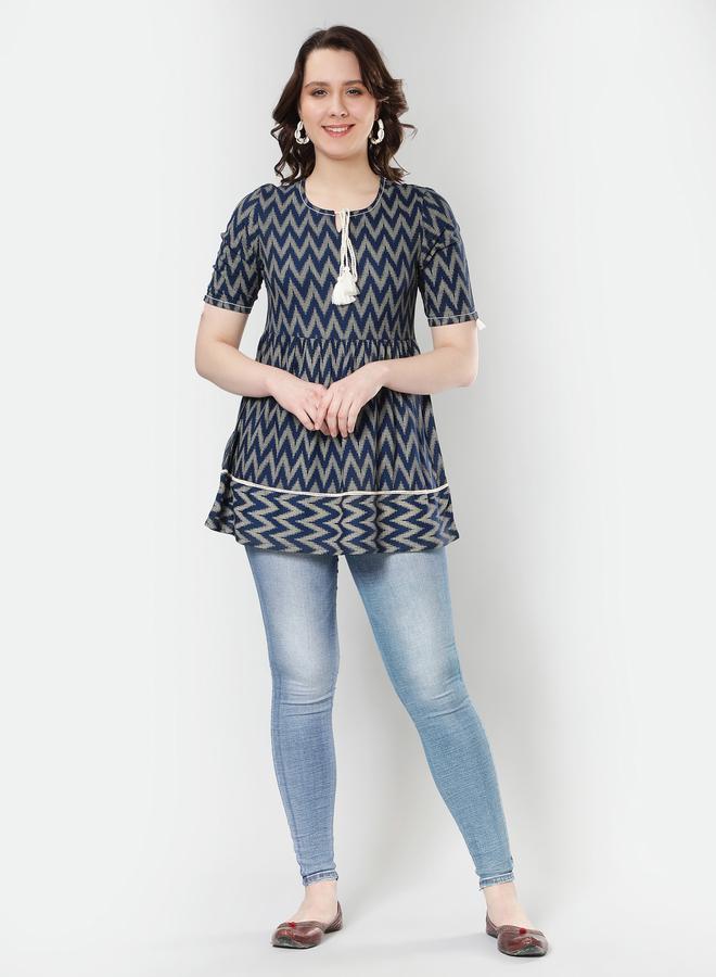 KASYA Blue Ikat Print Short Sleeve Peplum Top - Image 5