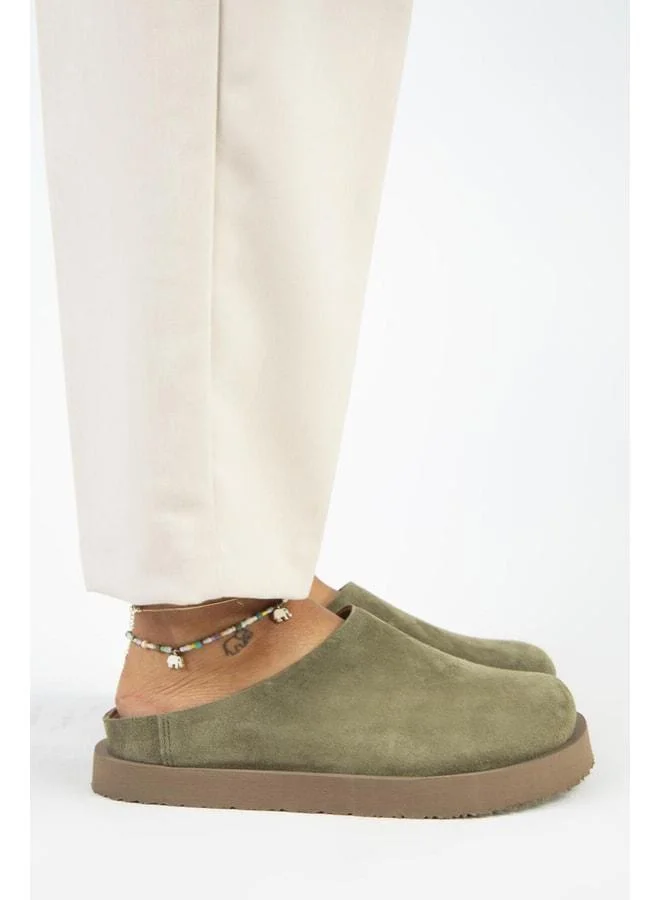 (Jana) Women's Genuine Leather Flat Platform Khaki Slipper.