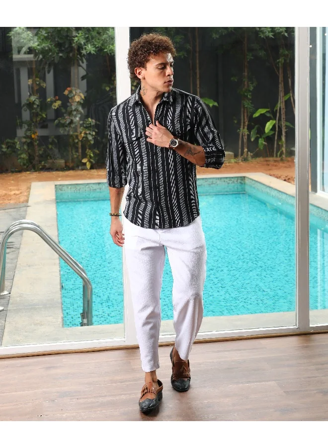 Campus Sutra Men's Charcoal Grey & Onyx Black Utility Multitrack-Striped Shirt For Casual Wear | Spread Collar | Long Sleeve | Button Closure | Shirt Crafted With Comfort Fit For Everyday Wear