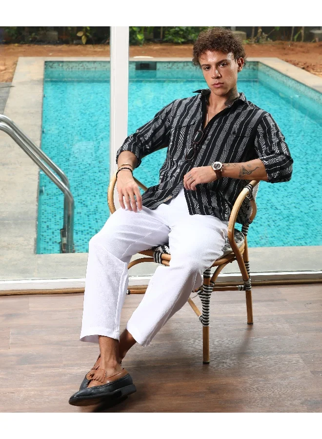 Campus Sutra Men's Charcoal Grey & Onyx Black Utility Multitrack-Striped Shirt For Casual Wear | Spread Collar | Long Sleeve | Button Closure | Shirt Crafted With Comfort Fit For Everyday Wear