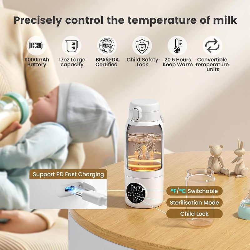 Excefore Portable Milk Warmer for Travel, 17oz Large Capacity, 2-Min Fast Heating for Breast Milk, Formula & Water, Precise Temperature Control, IPX6 Waterproof, Washable Design, Portable Bottle Warmer - Image 2