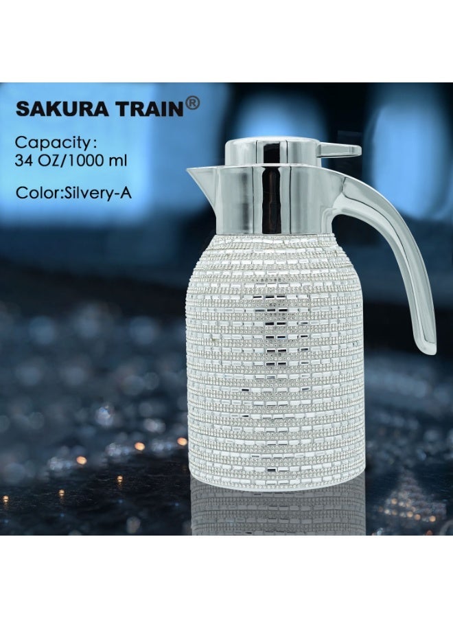 Sakura Train Hand Studded Bling Diamond Thermal Coffee Carafe Insulated Stainless Steel Vacuum Coffee Carafe for Hot Liquids, Turkish Middle Eastern Style Stainless Steel Teapot Coffee Pot for Women, Men, Adults, Guests or For Tea Party - Best Gift Idea - Image 1