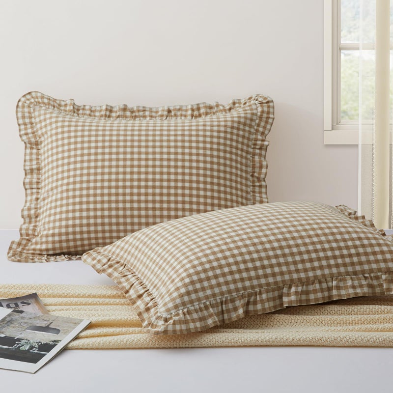 KKJIAF 2 Pcs Plaid Ruffle Pillow Case Standard Size, Ruffled Gingham Cotton Pillowcases 20x26 Inch, Linen Feel Plaid Bed Pillow Shams with Envelope Closure for Bed Sofa (Taupe) - Image 1