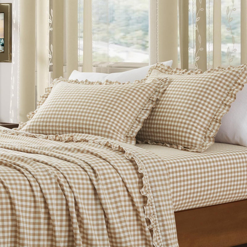 KKJIAF 2 Pcs Plaid Ruffle Pillow Case Standard Size, Ruffled Gingham Cotton Pillowcases 20x26 Inch, Linen Feel Plaid Bed Pillow Shams with Envelope Closure for Bed Sofa (Taupe) - Image 3