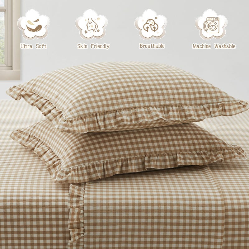 KKJIAF 2 Pcs Plaid Ruffle Pillow Case Standard Size, Ruffled Gingham Cotton Pillowcases 20x26 Inch, Linen Feel Plaid Bed Pillow Shams with Envelope Closure for Bed Sofa (Taupe) - Image 5