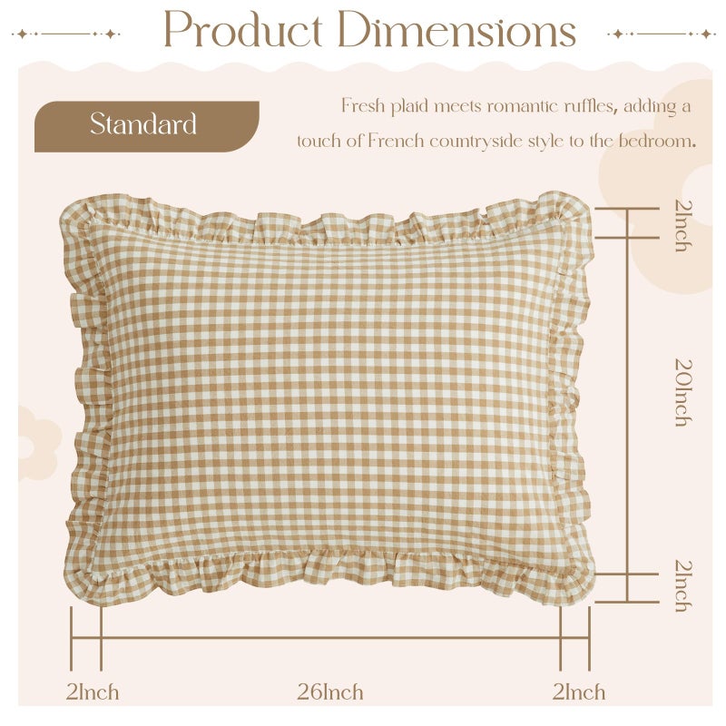 KKJIAF 2 Pcs Plaid Ruffle Pillow Case Standard Size, Ruffled Gingham Cotton Pillowcases 20x26 Inch, Linen Feel Plaid Bed Pillow Shams with Envelope Closure for Bed Sofa (Taupe) - Image 2