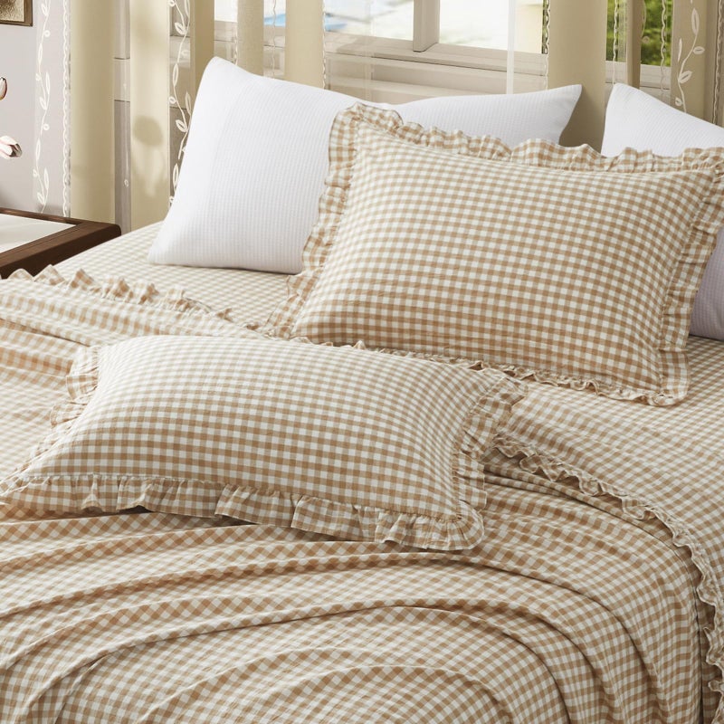 KKJIAF 2 Pcs Plaid Ruffle Pillow Case Standard Size, Ruffled Gingham Cotton Pillowcases 20x26 Inch, Linen Feel Plaid Bed Pillow Shams with Envelope Closure for Bed Sofa (Taupe) - Image 4