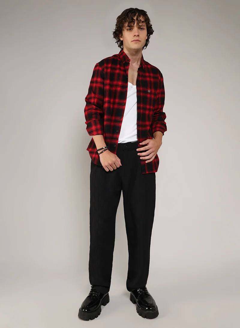 CAHOOT  Men's Midnight Black & Scarlet Red Brushed Buffalo Check ShirtFor Casual Wear | Spread Collar | Long Sleeve | Button Closure | Shirt Crafted With Comfort Fit For Everyday Wear for Men | Best Price UAE