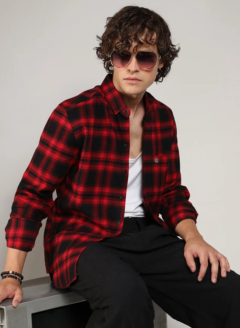 CAHOOT  Men's Midnight Black & Scarlet Red Brushed Buffalo Check ShirtFor Casual Wear | Spread Collar | Long Sleeve | Button Closure | Shirt Crafted With Comfort Fit For Everyday Wear for Men | Best Price UAE