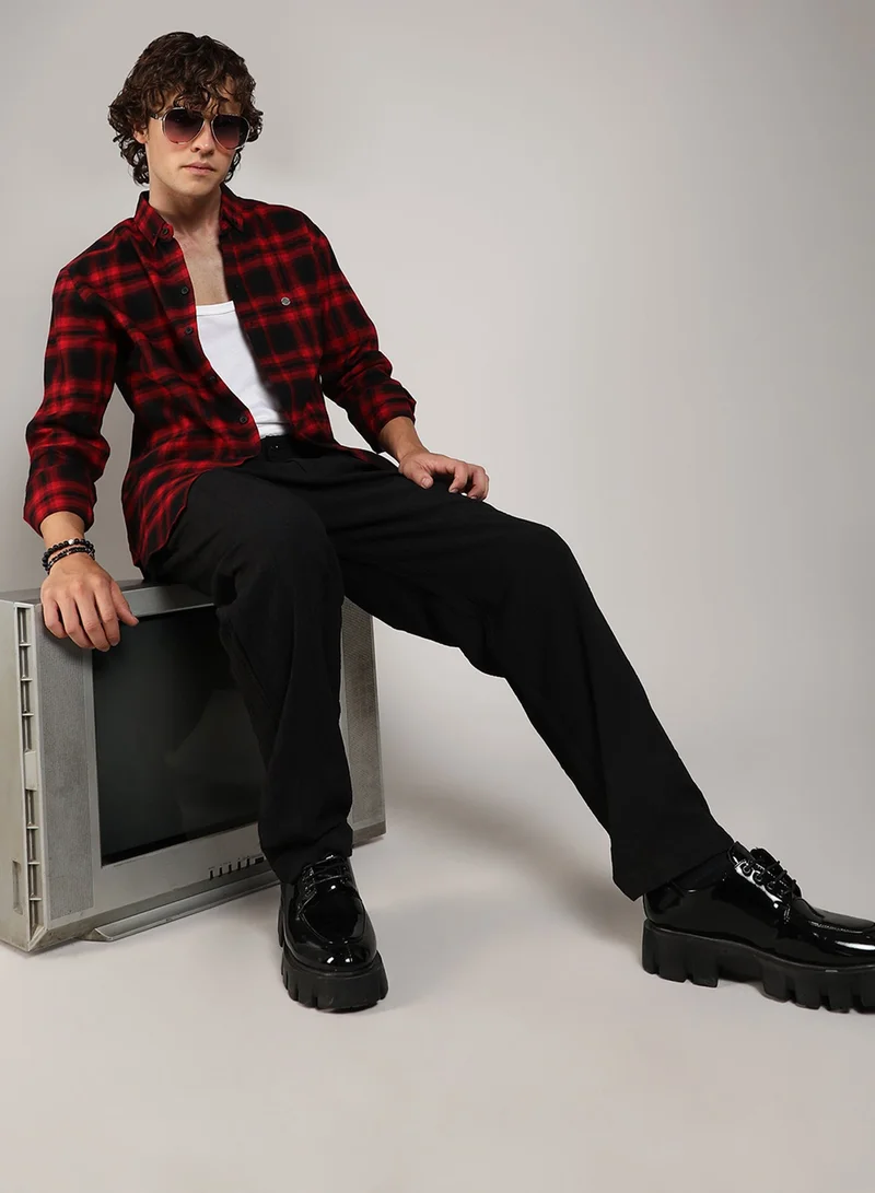 CAHOOT  Men's Midnight Black & Scarlet Red Brushed Buffalo Check ShirtFor Casual Wear | Spread Collar | Long Sleeve | Button Closure | Shirt Crafted With Comfort Fit For Everyday Wear for Men | Best Price UAE