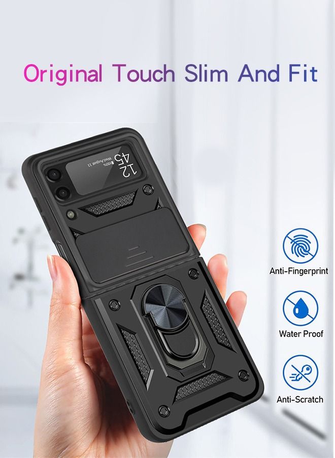 GROIC Case for Samsung Galaxy Z Flip 4 6.7" Case, Built in Slide Camera Lens Cover and Finger Ring Stable Magnetic Kickstand, Heavy Duty Protective Support Car Mount - Image 2