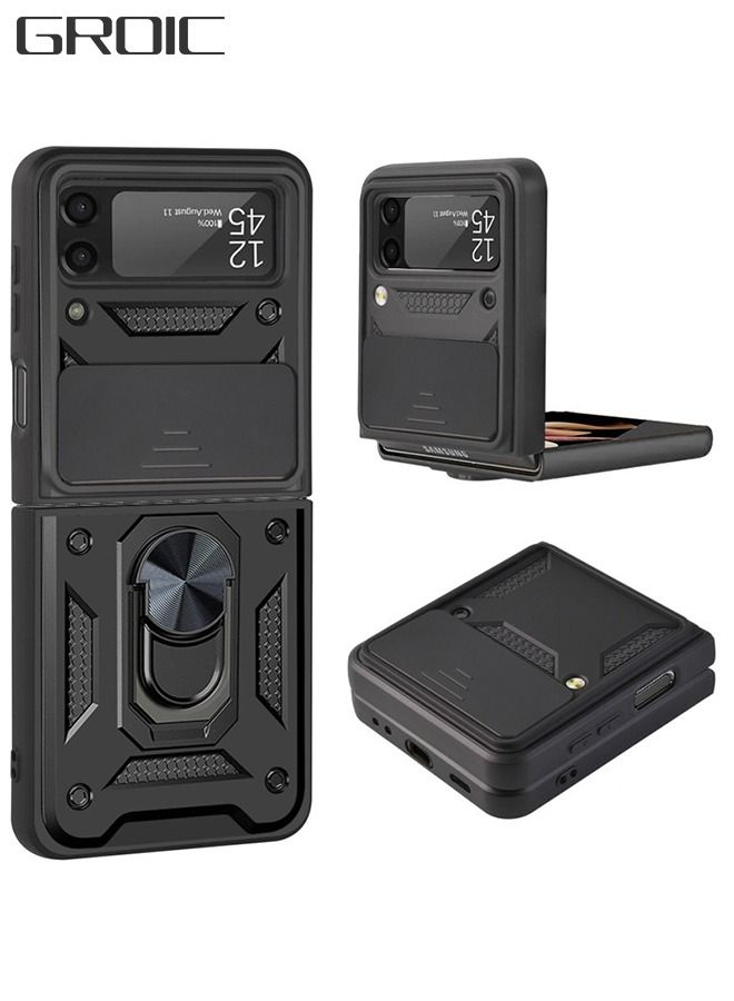 GROIC Case for Samsung Galaxy Z Flip 4 6.7" Case, Built in Slide Camera Lens Cover and Finger Ring Stable Magnetic Kickstand, Heavy Duty Protective Support Car Mount - Image 1