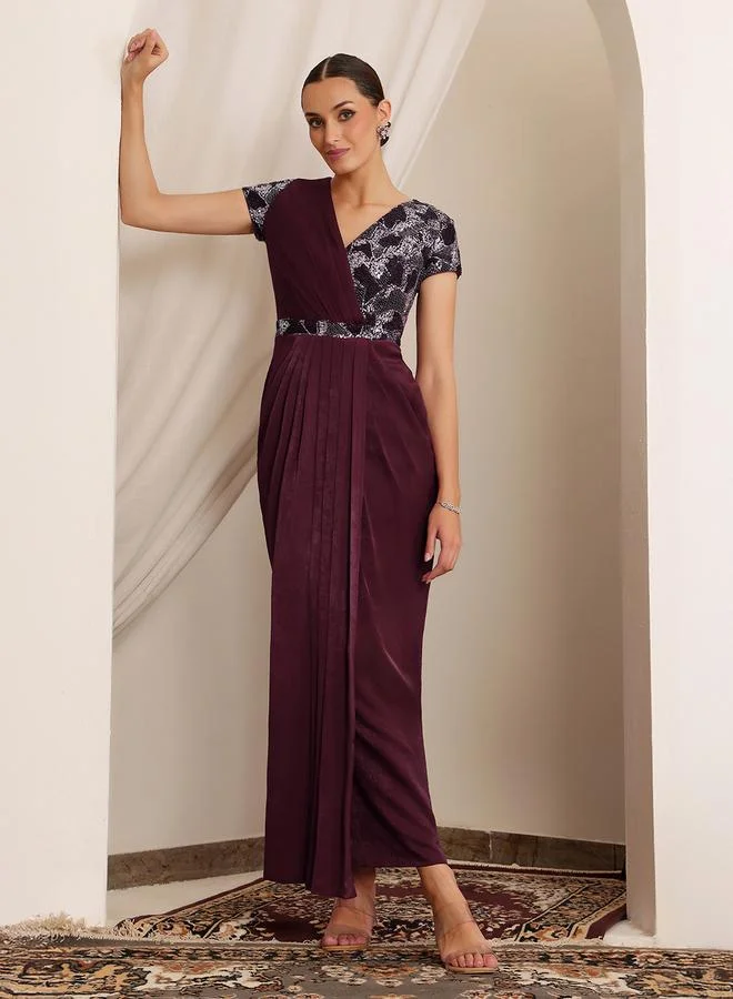 مس تشايس Miss Chase Burgundy Embellished Lace Maxi Dress