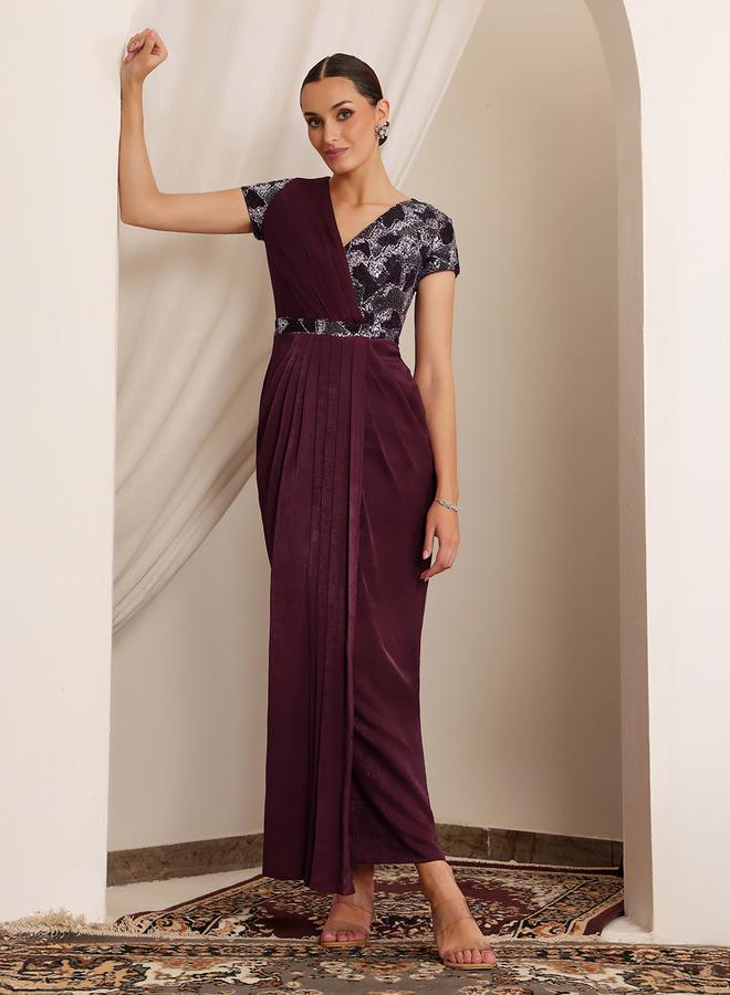 Miss Chase Burgundy Embellished Lace Maxi Dress - Image 1