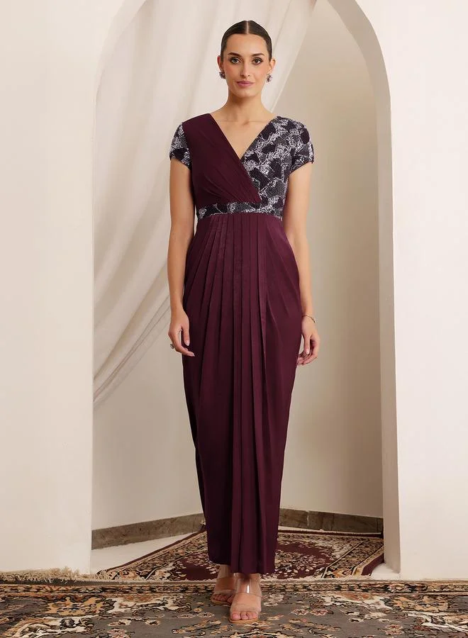 مس تشايس Miss Chase Burgundy Embellished Lace Maxi Dress